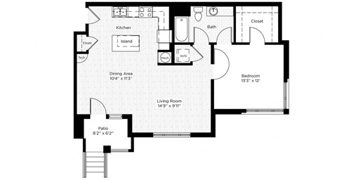 Floor plan for 1 bed, 1 bath, 836 sqft